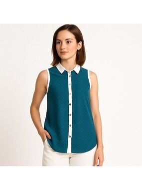 YOYO5 Green w/Gold Thread Button Down Sheer Tank Top